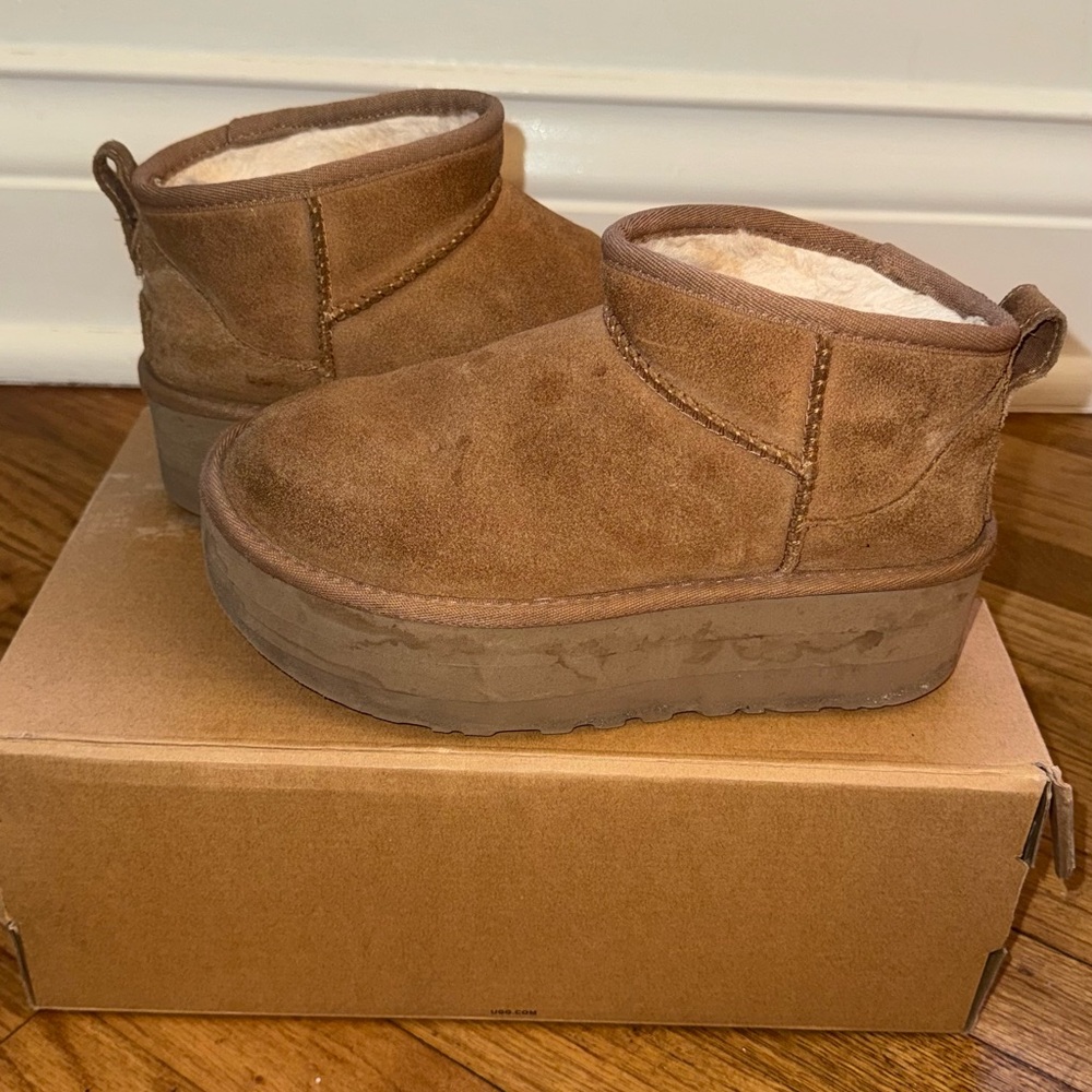 UGG Chestnut Suede Platform Mini Booties